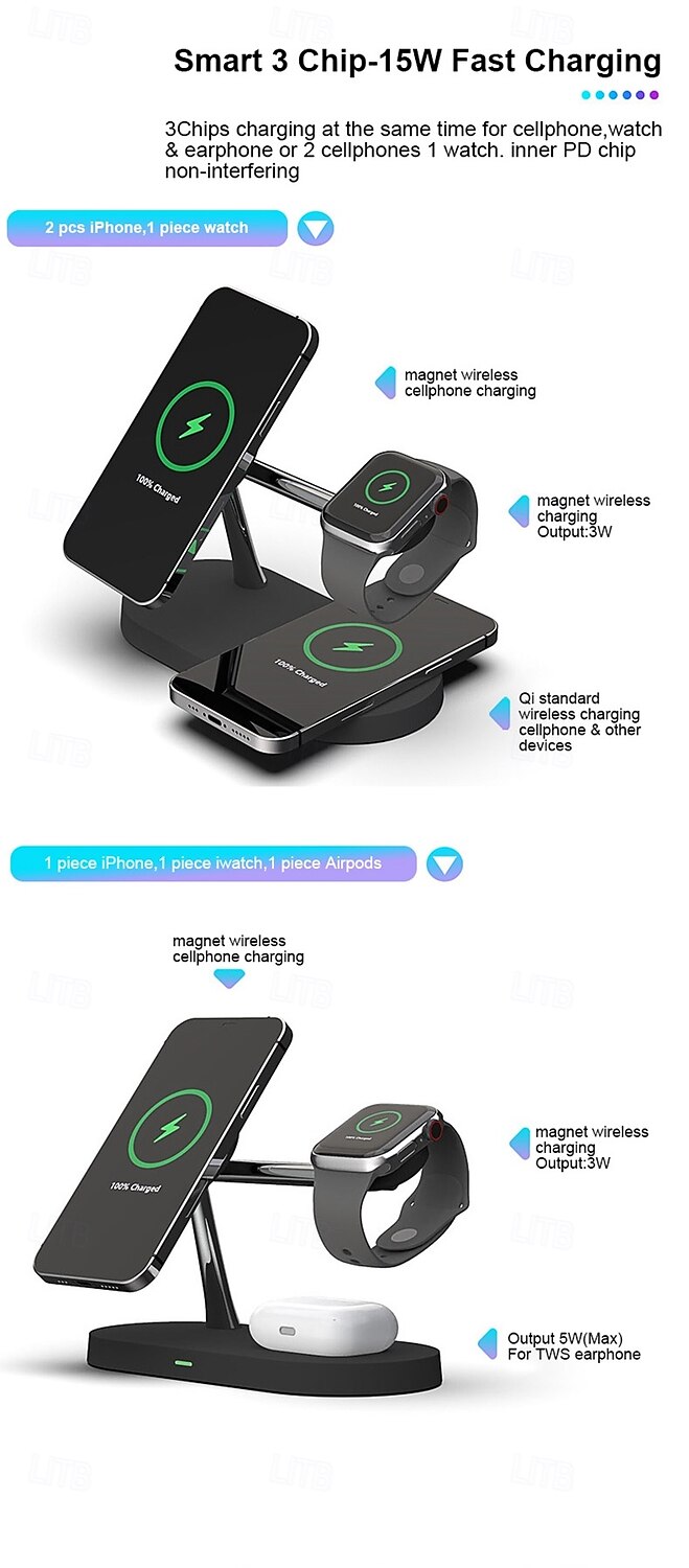 Wireless Charger 15 W Output Power Wireless Charging Station CE Certified Fast Wireless Charging MagSafe Magnetic For Apple Watch iPhone 14/13/12/11 Pro Max Apple Watch Series SE / 6/5/4/3/2/1 2025 - $47.99 –P4