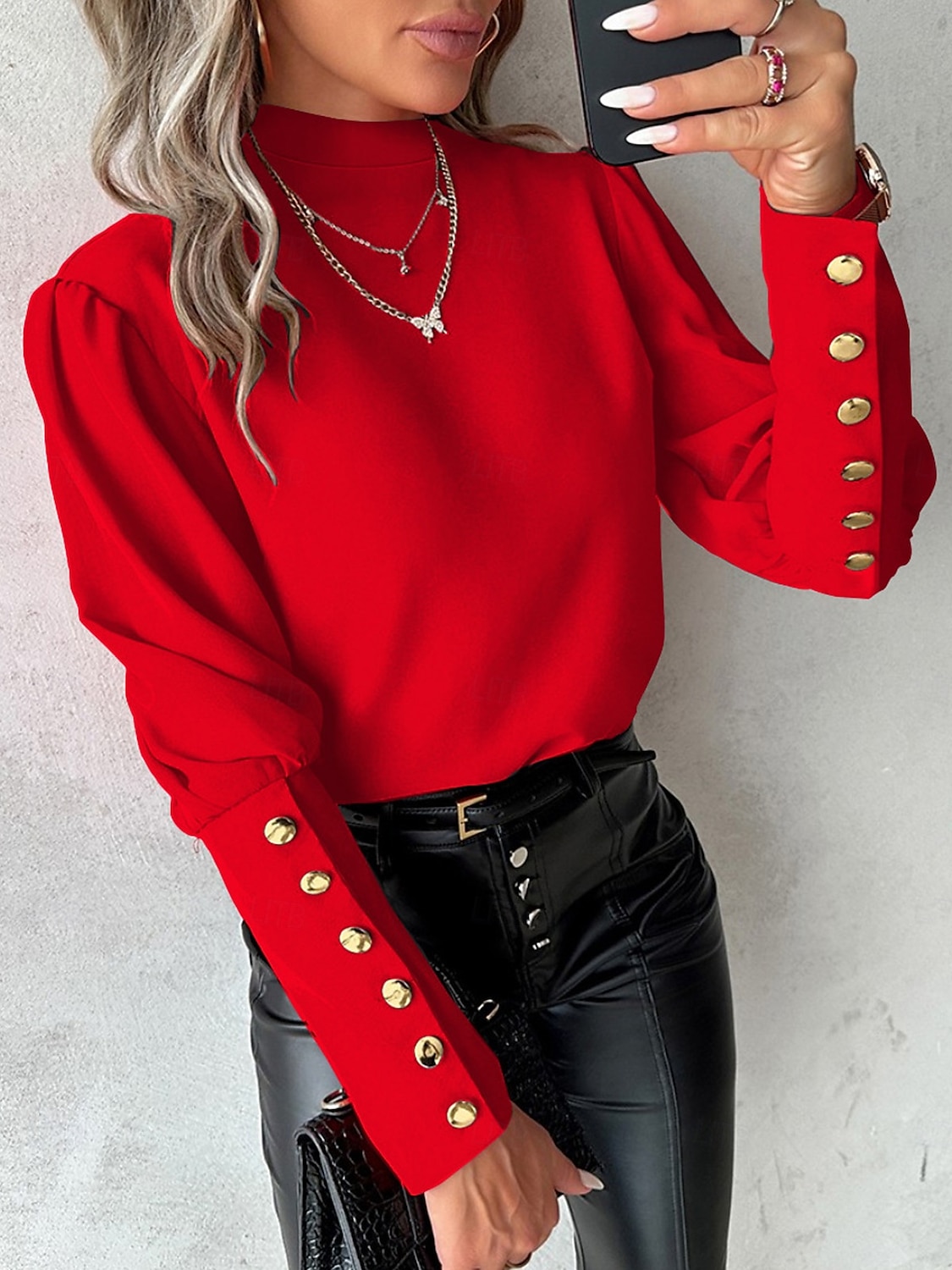 Damen Hemd Bluse Feste Farbe Elegant damas Stilvoll Langarm Stehkragen Arbeit Spitze Knopf Schwarz Weiß Rote Blau Frühling Herbst Winter 2025 - $29.99 –P3