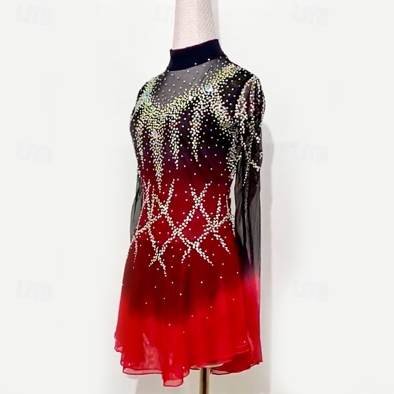 Kunstschaatsjurk Dames Voor meisjes Schaatsen Jurken Zwart / rood Lapwerk Netstof Hoge Elasticiteit Opleiding Wedstrijd Kunstschaatskleding Klassiek Kristal / Bergkristal Lange mouw Schaatsen 2025 - $174.99 –P4