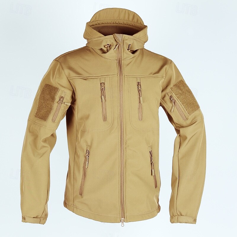 Herren Soft Shell Jacke Hoodie Jacke Wanderjacke Taktische Jacke Täglich Urlaub Windundurchlässig warm halten Tasche Herbst Winter Glatt Modisch Klassisch Mit Kapuze Standard Kamel Schwarz Khaki 2025 - $47.99 –P1