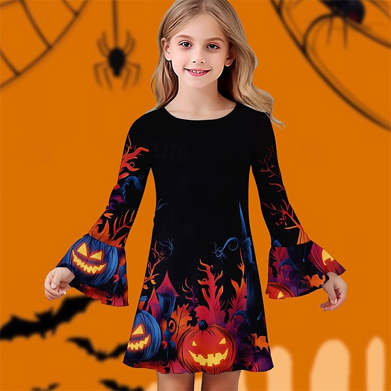 Halloween Tyttöjen 3D Kuvitettu Kurpitsa Mekko Ruffle mekko Pitkähihainen Kesä Kevät Päivittäin Pyhäpäivä Loma Kaunis Halloween Custom Lapset 4-12 vuotta Rento mekko Polvipituinen Polyesteri Normaali 2025 - $16.49 –P1