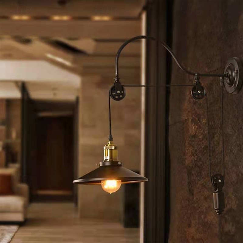 lampa ścienna retro vintage lampa ścienna płaska lampa montowana na ścianie industrialny styl czarny metalik regulowana lampa ścienna z konstrukcją koła pasowego 110-240 V 2025 - $79.99 –P5