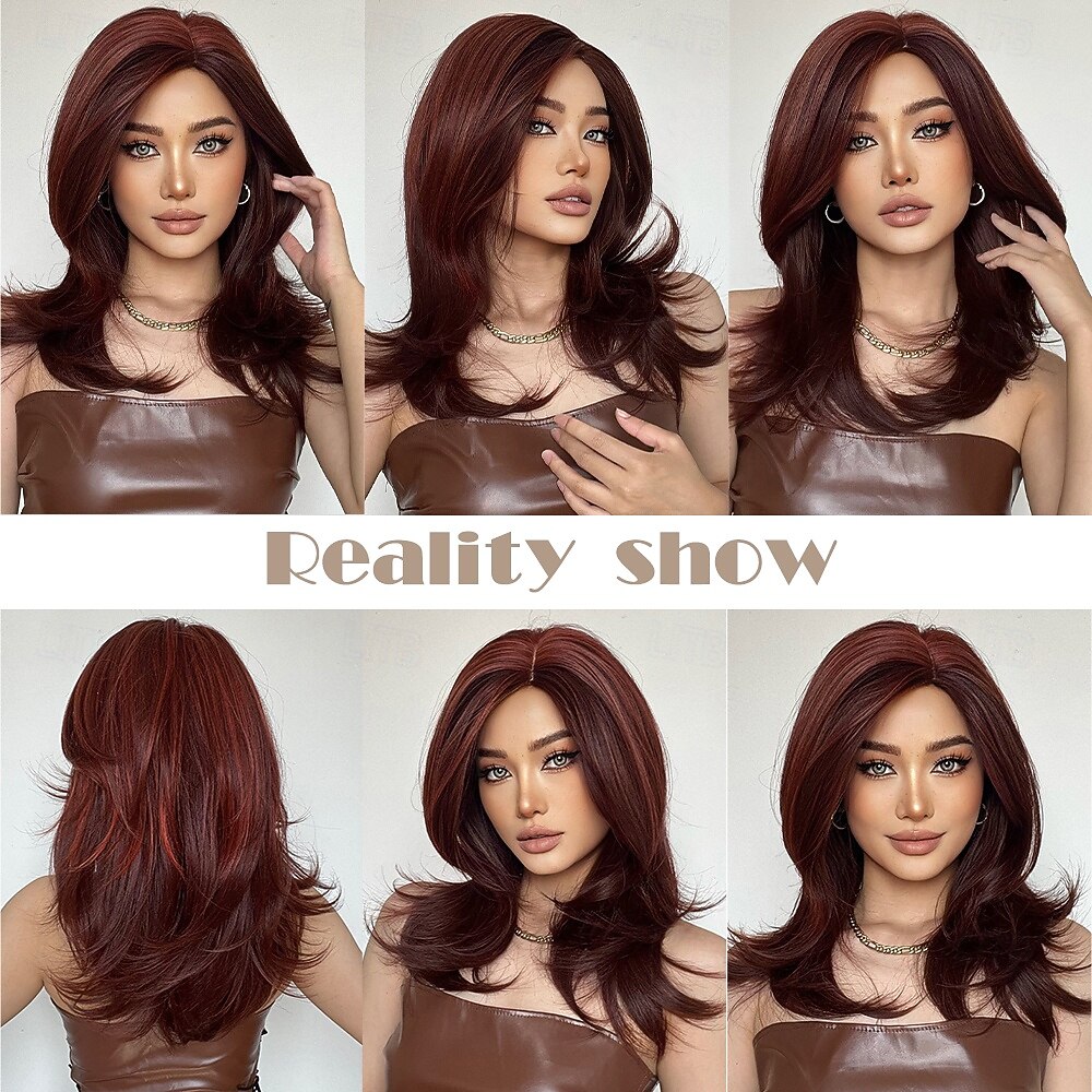 2025年 人工毛ウィッグ ユニフォーム キャリアコスチューム プリンセス ストレート ミドル部 レイヤード・ヘアカット バング付き 機械製 かつら 22 インチ ワインレッド 合成 女性用 コスプレ パーティー ファッション バーガンディー  コレクション – $25.99 –P1