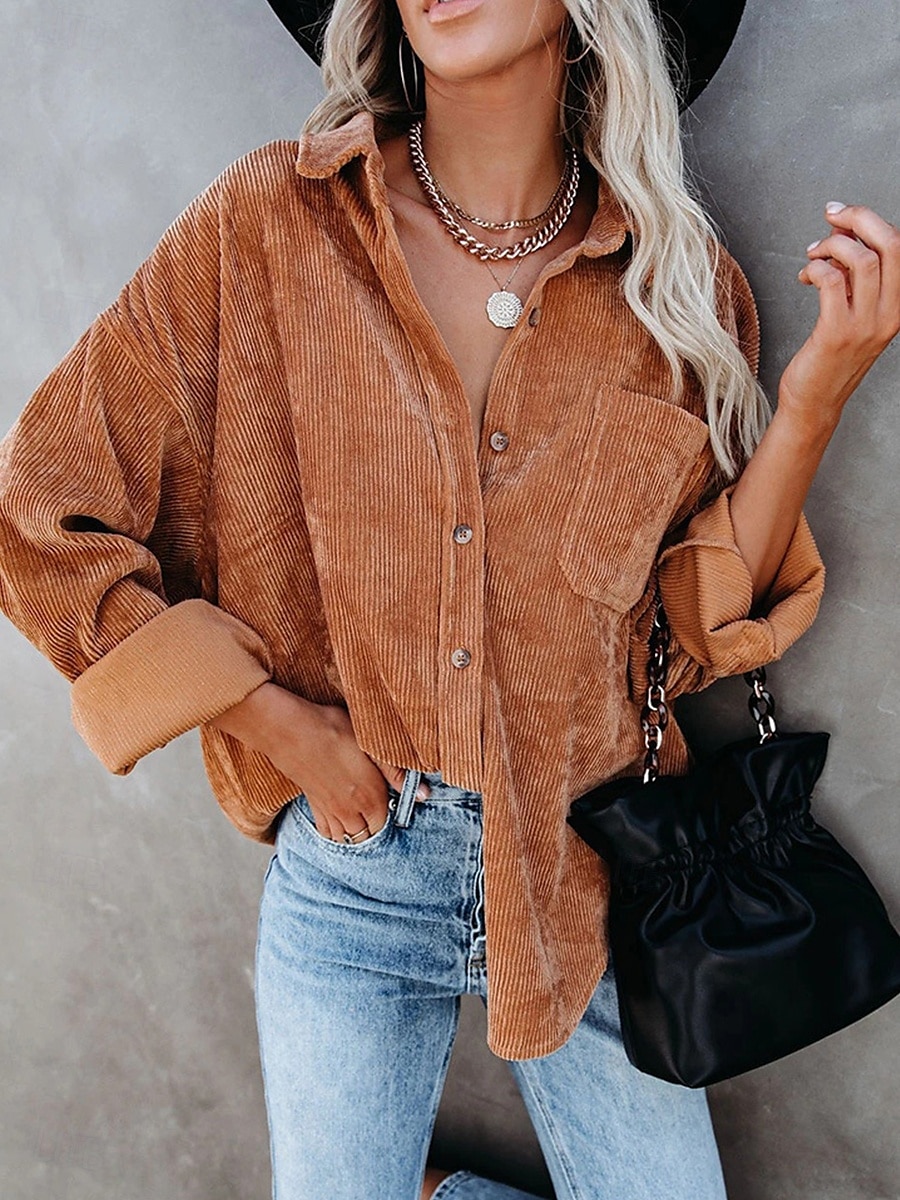 Women's Blouse Solid Color Casual Long Sleeve Shirt Collar Vacation Going out Pocket White Wine Orange Green Fall Winter 2025 - $24.99 –P1