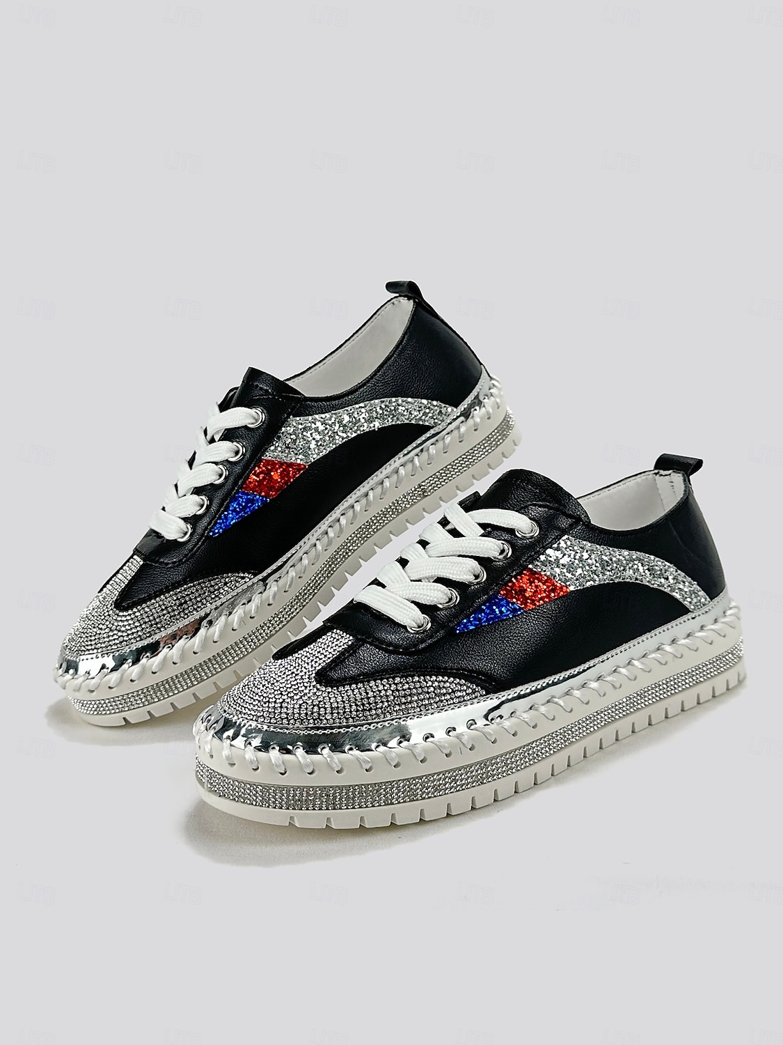 Women's Glitter-Accented Black Lace-Up Sneakers – Rhinestone Embellished, Colorful Casual Athletic Shoes for Fashionable Everyday Wear 2025 - $42.99 –P1