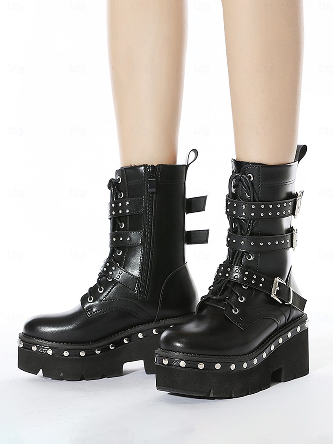 damskie czarne buty bojowe na platformie z paskami z ćwiekami i klamrami, punkowe buty motocyklowe w stylu gotyckim do cosplayu i streetwearu 2025 - $84.99 –P5