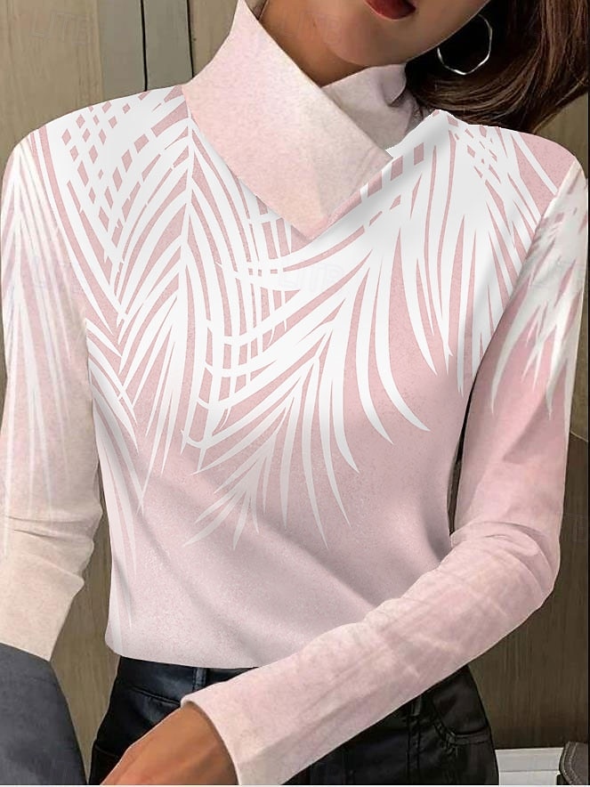 Maglietta Tunica per Donne Floreale Elegante a Maniche Lunghe Maniche a Vescovo Asimmetrica Quotidiana Rosa Autunno Inverno del 2025 a $24.99 –P1