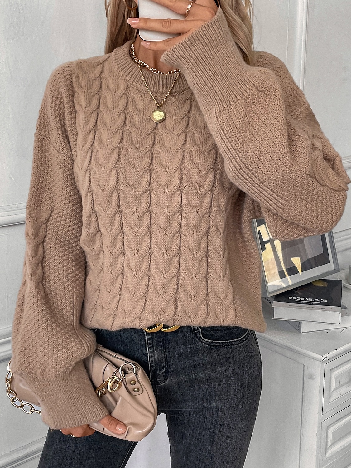 Dame Genser Mote Daglig Fritid Helfarge Kabel Crew-hals Strikket Lanterne Erme Langermet Lange topper Strikke Arbeid Hvit Lysebrun Høst Vinter 2025 - $47.99 –P4