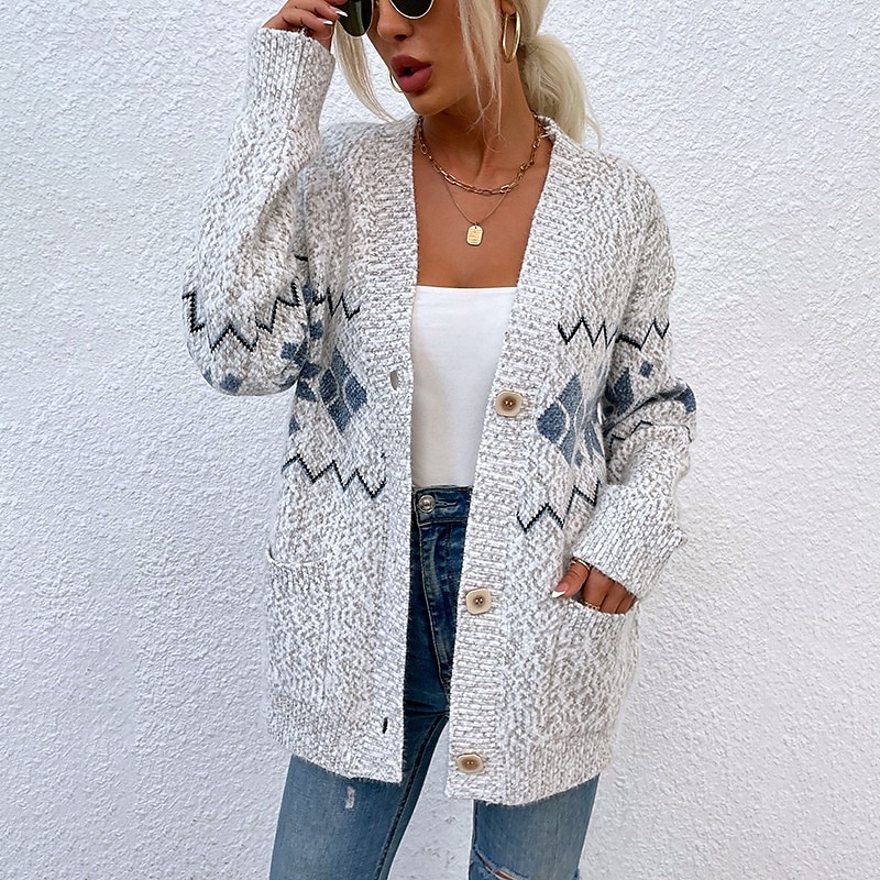 ful kofta för kvinnor öppen fram stickad stickad texturerad höst vinter nyår mode streetwear dagligen långärmad snöflinga rosa ljusgrå 2025 - $32.99 –P4