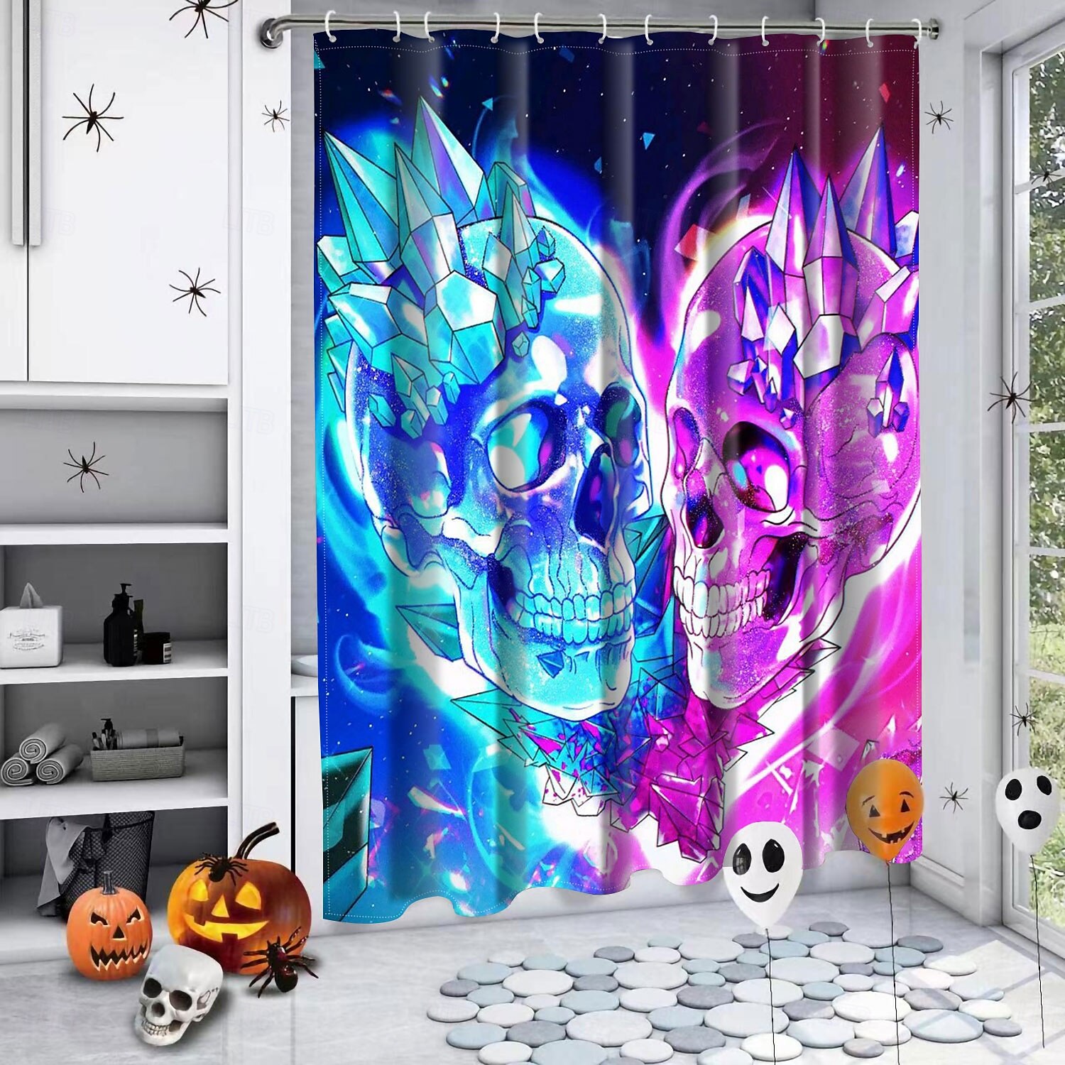 cortina de chuveiro de halloween com ganchos para banheiro cortina de chuveiro de caveira conjunto de decoração de banheiro poliéster à prova d'água pacote com 12 ganchos de plástico cabeças de de 2025 por $21.99 –P5