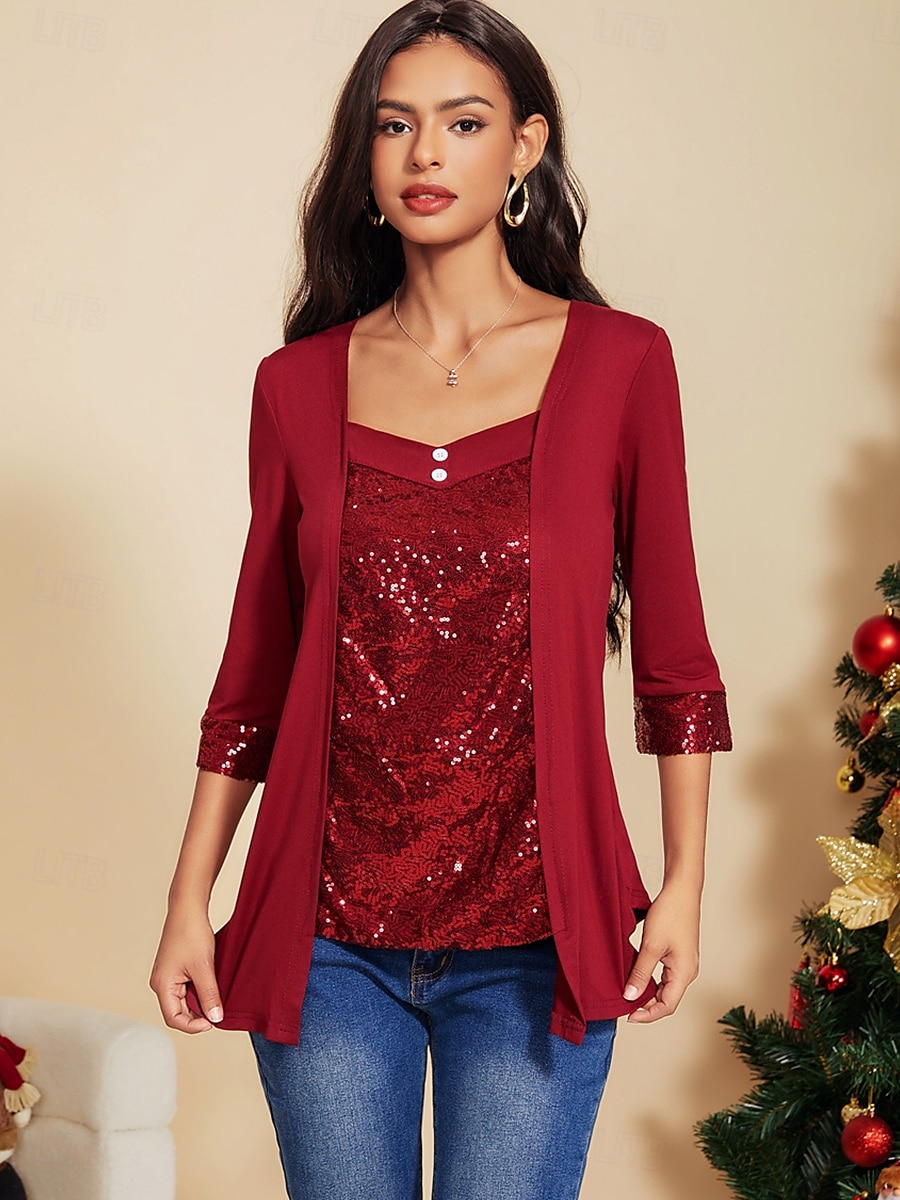 Damen Tunika Bluse einfarbig Alltag Casual Langarm V-Ausschnitt rot Frühling Herbst 2025 - $24.99 –P6