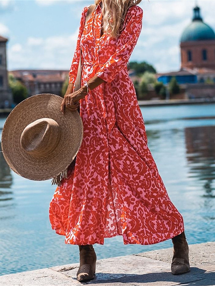 Women's Floral Print V Neck Long Dress Maxi Dress 3/4 Length Sleeve Spring Fall 2025 - $50.99 –P2