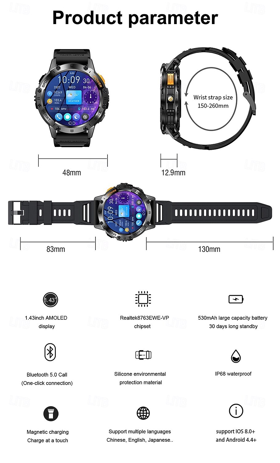 iMosi K65 Умные часы 1.43 дюймовый Смарт Часы Bluetooth Педометр Напоминание о звонке Датчик для отслеживания активности Совместим с Android iOS Женский Мужчины 2025 - $73.19 –P14