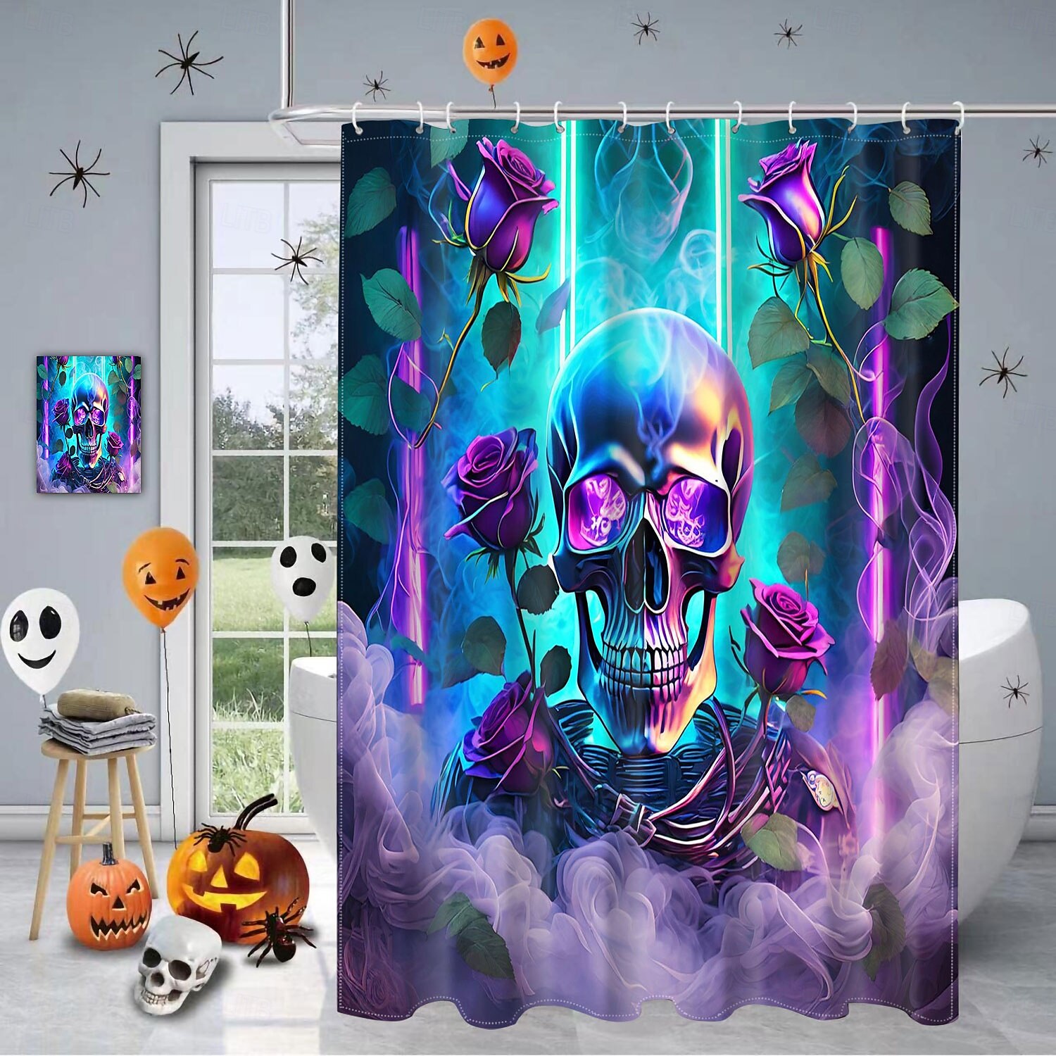 cortina de chuveiro de halloween com ganchos para banheiro cortina de chuveiro de caveira conjunto de decoração de banheiro poliéster à prova d'água pacote com 12 ganchos de plástico cabeças de de 2025 por $21.99 –P9