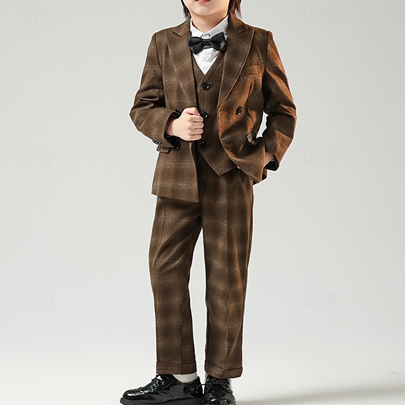 4 delar Ringbärarkostym Pojkar Barn Kostym Formell kostym Kostym och blazer Formellt set Formell Fest Mode Häftig Rutig Ficka Svart Kaffe Polyester 2025 - $88.99 –P8