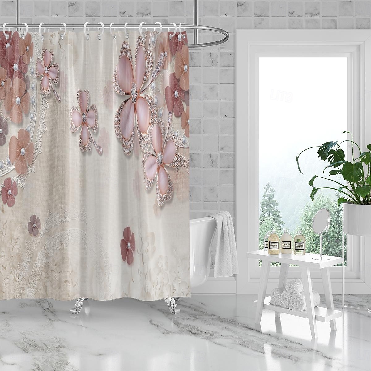 2026年 フック付きシャワーカーテン180cm*180cm(70"*70")ポリエステル洗濯可能防水パターンバスルームバスタブデコジュエリーフラワー  コレクション – $30.99 –P7