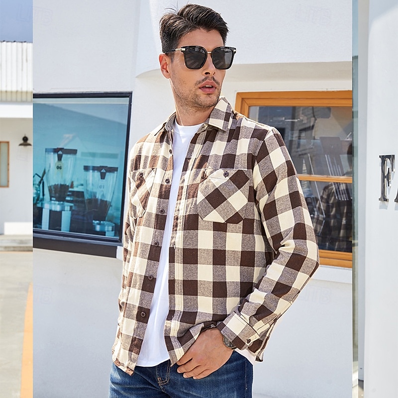 Per uomo Camicia Camicia di flanella Sovracamicia A quadri Esterno Strada Nero Bianco Rosso Blu marino Manica lunga Colletto Primavera & Autunno Abbigliamento del 2025 a $30.99 –P7
