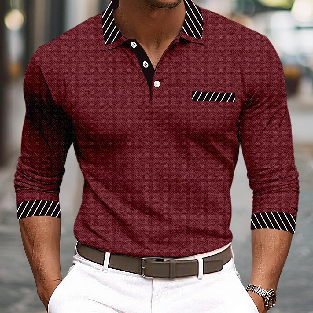 Men's Golf Shirt Pique Polo Shirt Business Casual Turndown Long Sleeve Fashion Basic Solid Color Color Block Patchwork Button Spring & Fall Regular Fit Black White Burgundy Navy Blue Orange Golf 2025 - $20.99 –P5