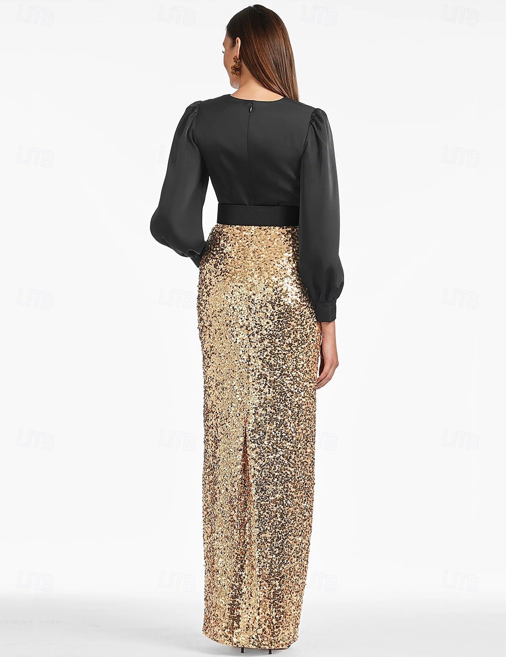 Schwarzes und goldenes/paillettenbesetztes Meerjungfrau-Abendkleid, elegantes Kleid, bodenlang, lange Ärmel, V-Ausschnitt, Gürtel/Schärpe mit Schlitz, 2025 2025 - $153.99 –P2