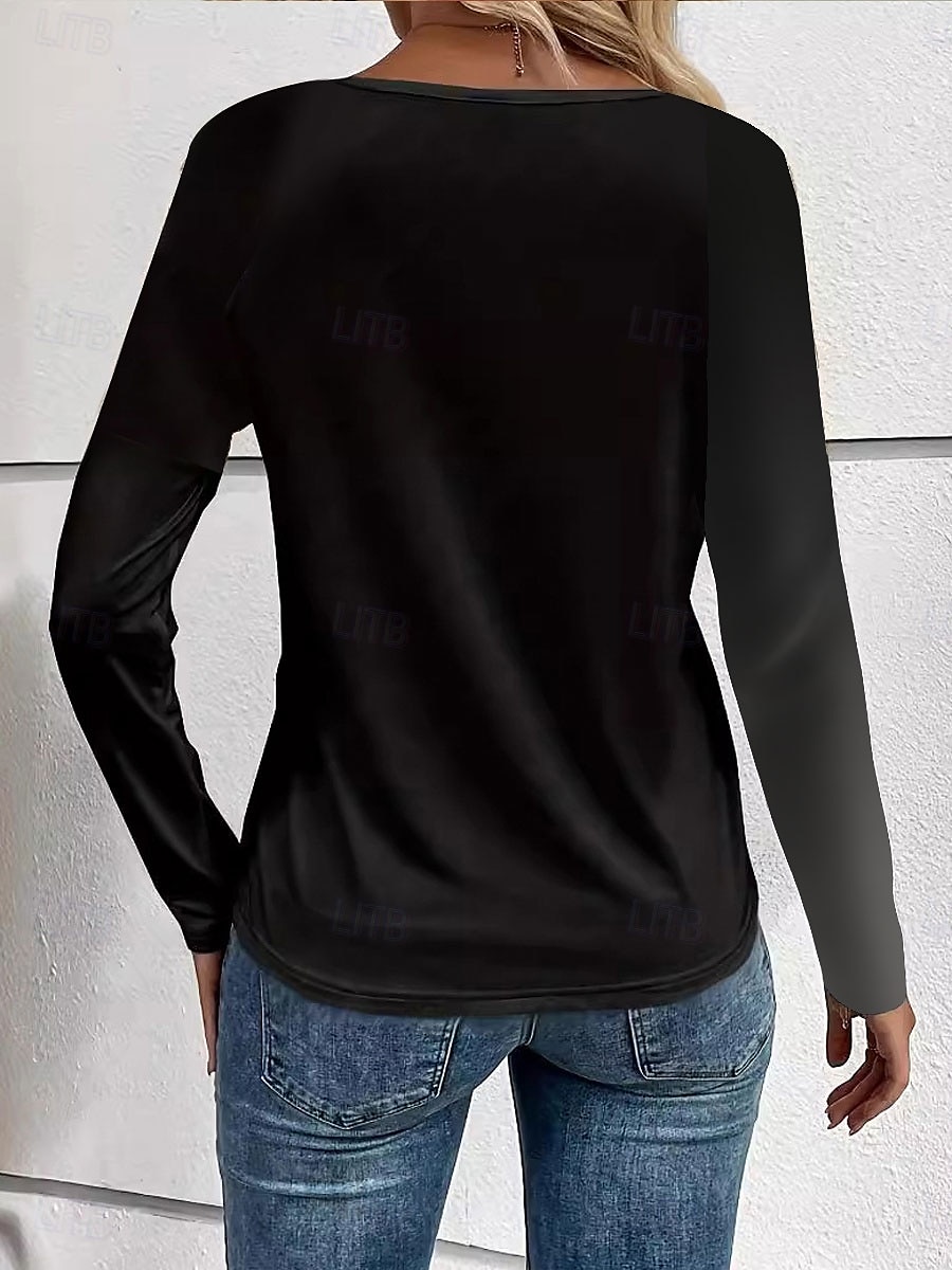  női tunika T póló divatos laza nyomott hosszú ujjú normál felsők crew neck napi fekete tavasz ősz 2025 - $22.99 –P3