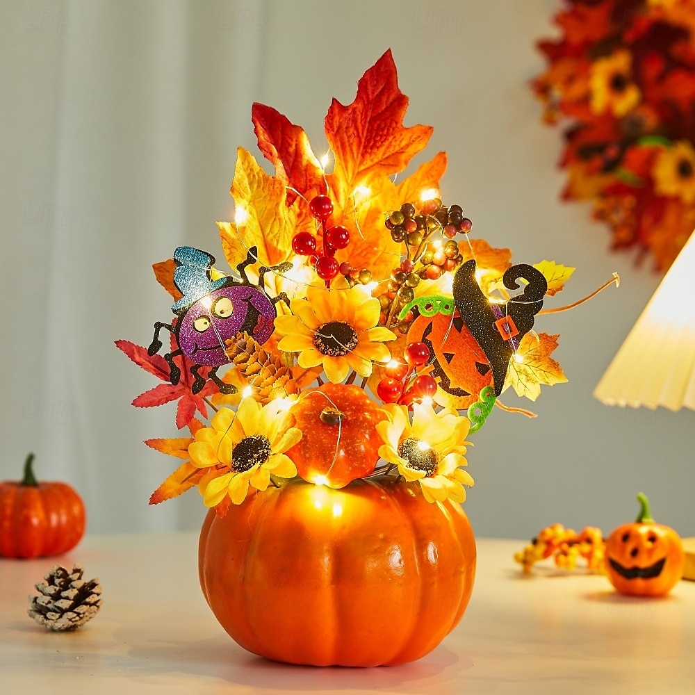 enfeite de mesa de outono de Halloween com abóbora falsa, folhas de bordo e luz LED para o festival da colheita de outono, decoração de cena assustadora de Halloween para casa e festa de outono de 2025 por $20.99 –P6