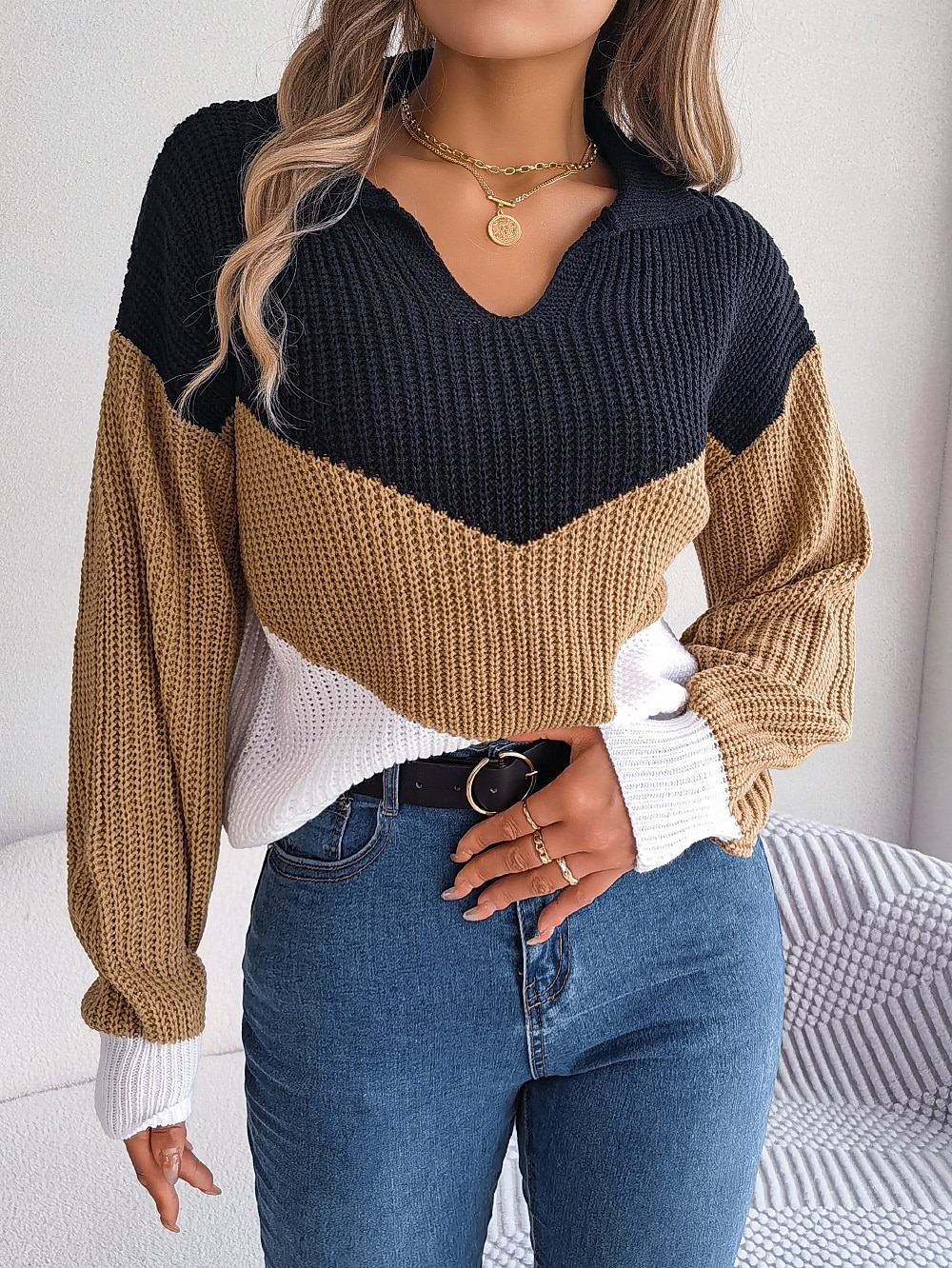 Per donna Felpa Giornaliero Informale A strisce Collo a polo Lavorato a maglia Manica lunga Top regolari Maglia Ufficio Blu Cachi Autunno Inverno del 2025 a $41.99 –P3