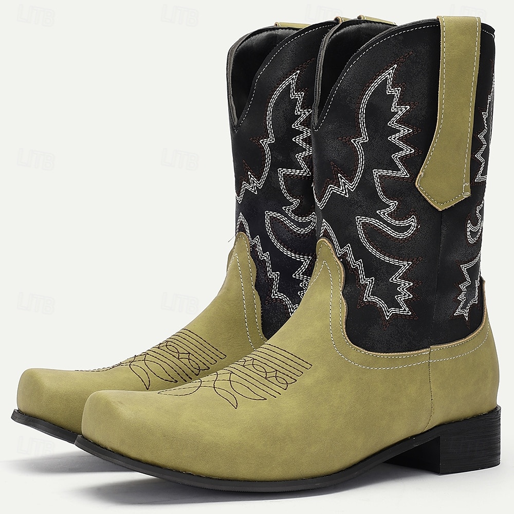 pánské zelenočerné westernové kovbojské boty z umělého semiše s vyšívaným designem - klasické boty ve vintage stylu pro rodeo a outdoorové nošení 2025 - $64.99 –P5