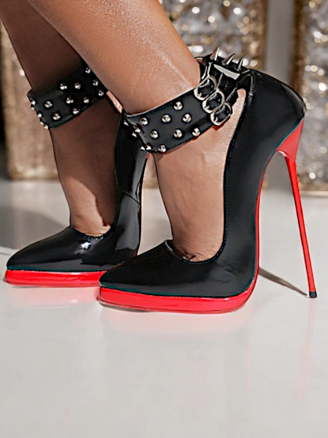 женские черные туфли на шпильке из лакированной кожи с красной подошвой, ремешками на щиколотке с шипами, сексуальные туфли на высоком каблуке для вечеринок, выходов в свет и клубов 2026 - $94.99 –P1