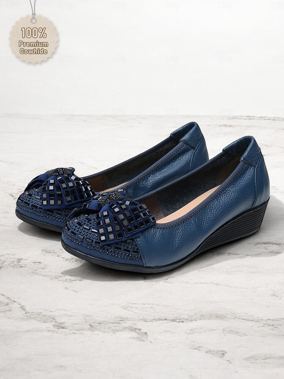 Women's Leather Wedge Flats with Decorative Bow and Embellished Toe – Comfortable Casual Slip-On Shoes for Everyday Wear 2025 - $46.99 –P1