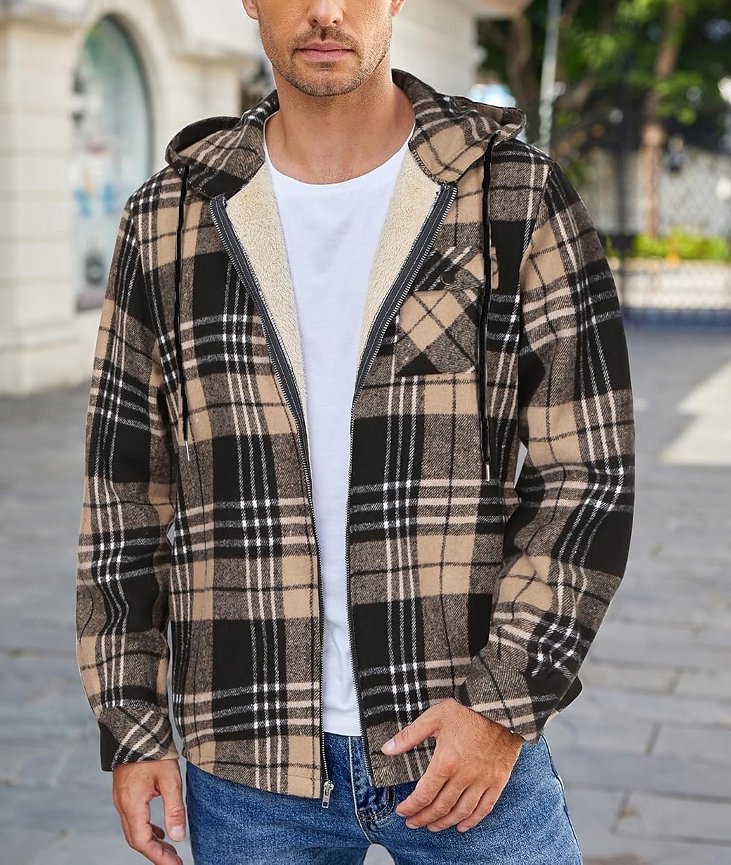 Herren Hemdjacke Kapuzenjacke Shacket Flanell-Fleecejacke Täglich Urlaub warm Mit Kapuze Herbst Winter Schottenstoff Kariert Modisch Strassenmode Kargen Standard Schwarz Dunkelrot Hellgrün Rote Blau 2025 - $60.99 –P33