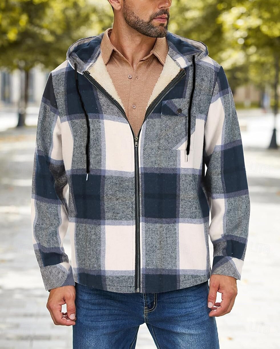 Herren Hemdjacke Kapuzenjacke Shacket Flanell-Fleecejacke Täglich Urlaub warm Mit Kapuze Herbst Winter Schottenstoff Kariert Modisch Strassenmode Kargen Standard Schwarz Dunkelrot Hellgrün Rote Blau 2025 - $60.99 –P17