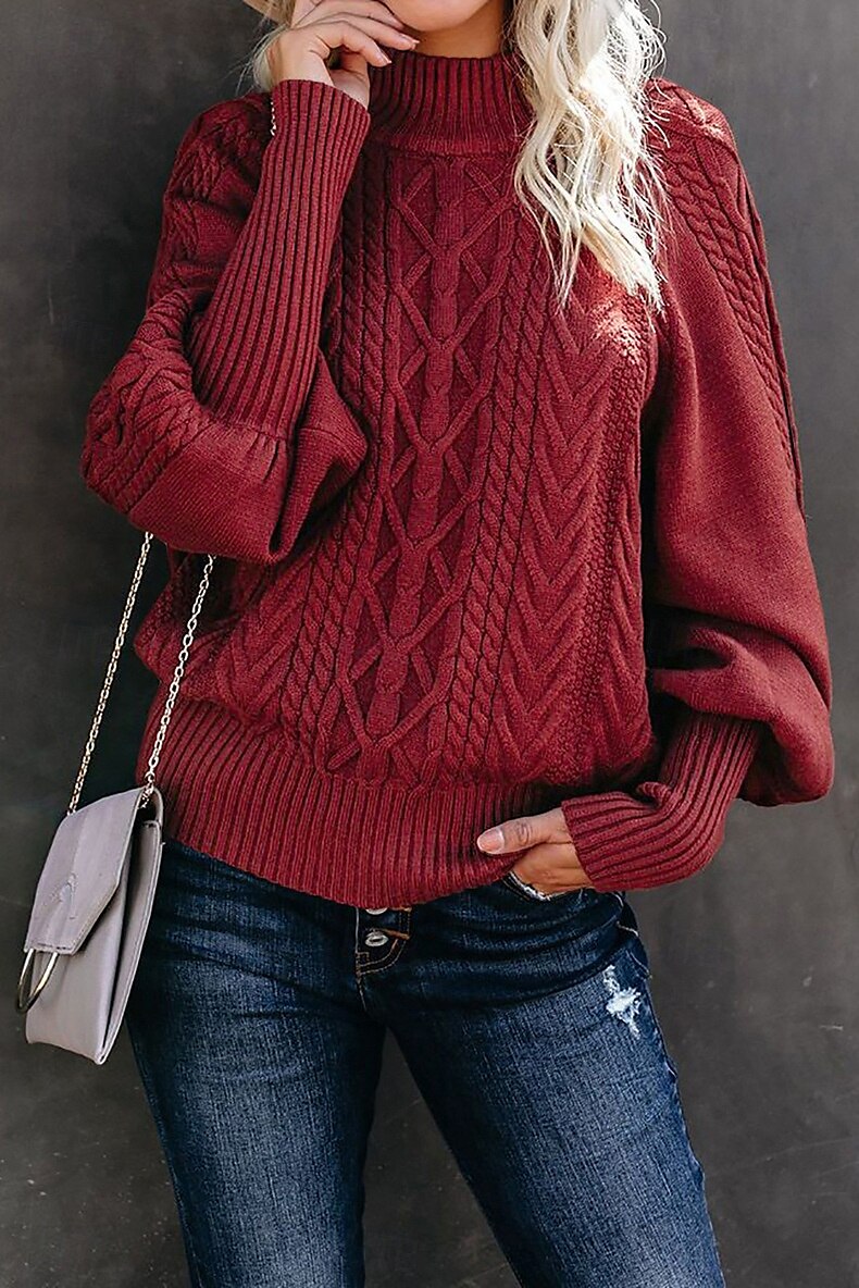 Dame Genser Elegant Mote Daglig Geometrisk Mock Neck Strikket Langermet Lange topper Strikke Arbeid Sjokkrosa Rød Høst Vinter 2025 - $48.99 –P5