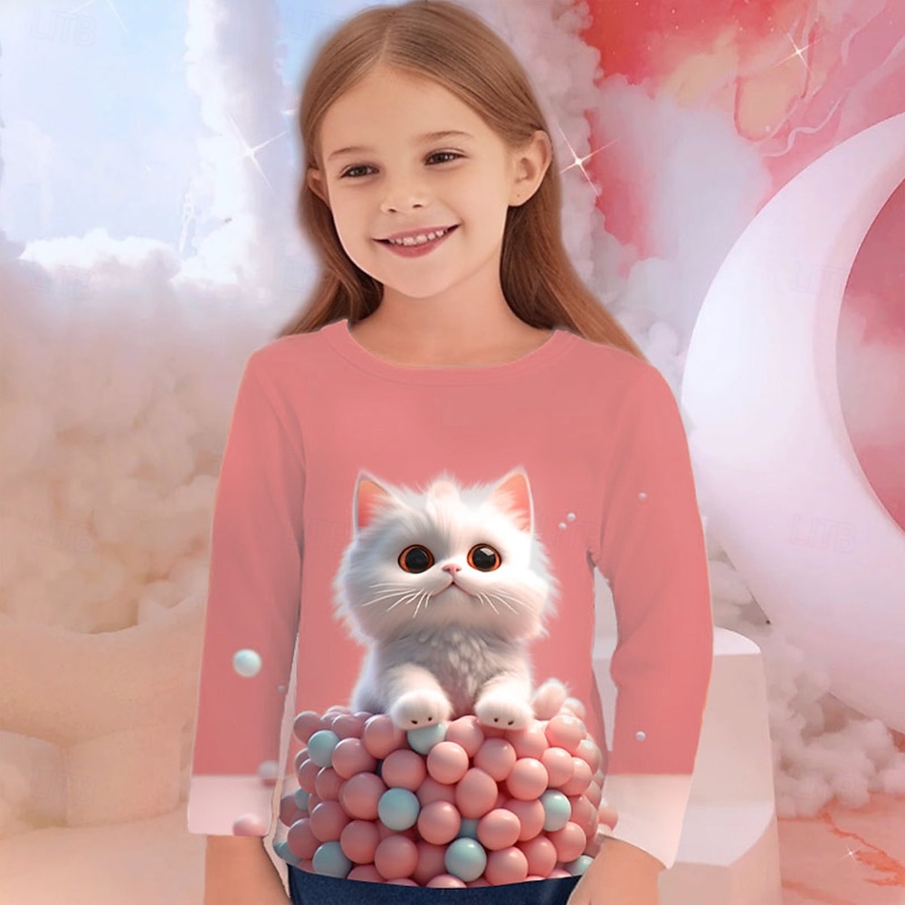 Flickor 3D Grafisk Djur Katt T-shirt Långärmad Vår Höst Mode Grundläggande Barn 4-12 år Rund hals Utomhus Ledigt Dagligen Normal 2025 - $13.99 –P2