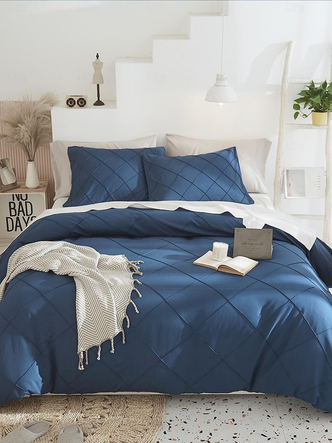 capa de edredom tufada em grade, conjunto de cama com textura boho, 3 peças, capa de edredom com padrão geométrico de losangos jacquard com amarras de canto &fecho de zíper tamanho queen de 2025 por $74.99 –P1