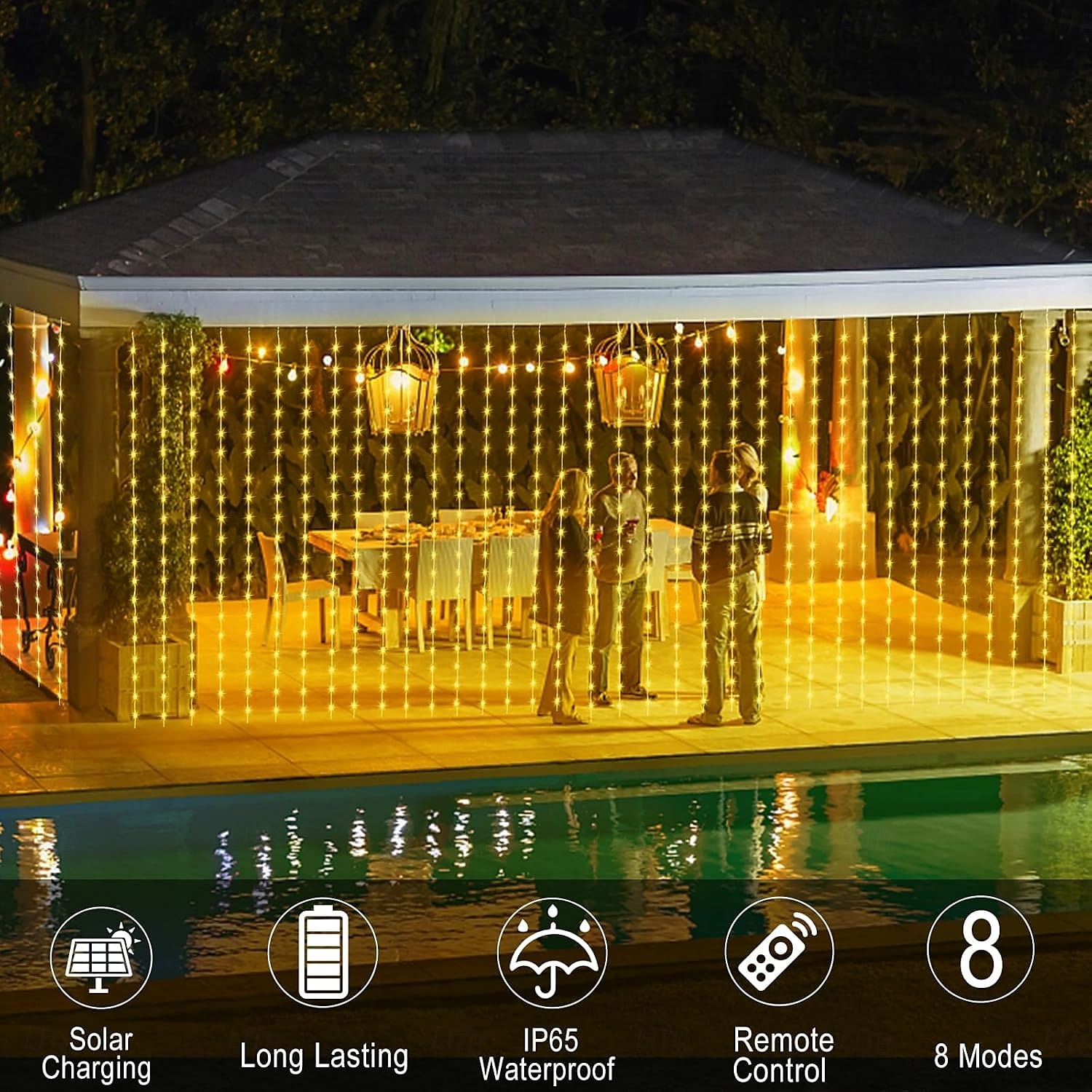 zonne-energie gordijnverlichting buiten afstandsbediening 8 standen verlichting lichtsnoer 3x3m 300leds ip65 waterdicht lichtsnoer kerstfeest bruiloft huis tuin muur woonkamer slaapkamer decoratie 2025 - $34.99 –P9