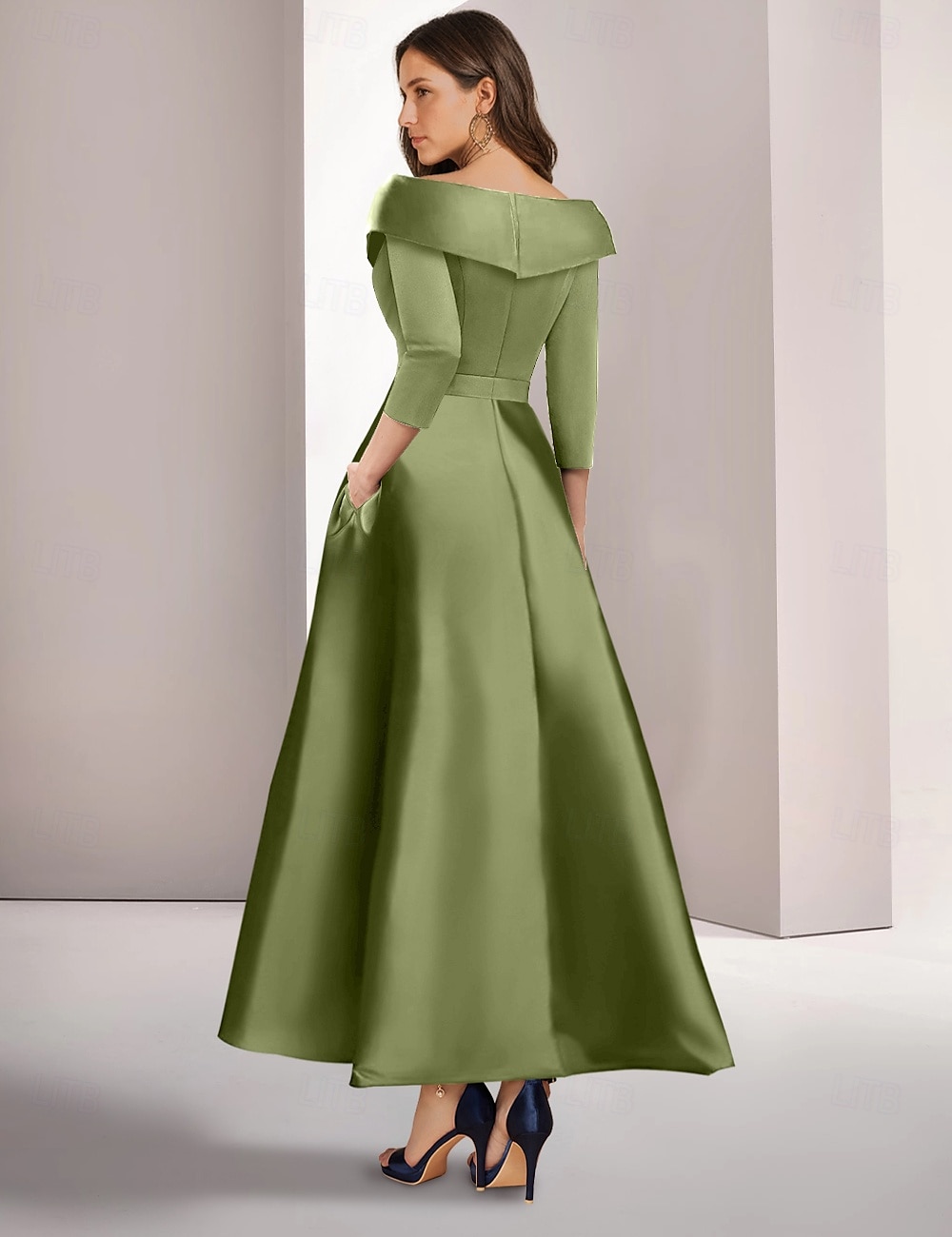 Green Black A-Line Evening Gown Elegant Embroidered Vintage Dress Formal Floor Length 3/4 Length Sleeve Shirt Collar Satin with Appliques 2025 - $189.99 –P2