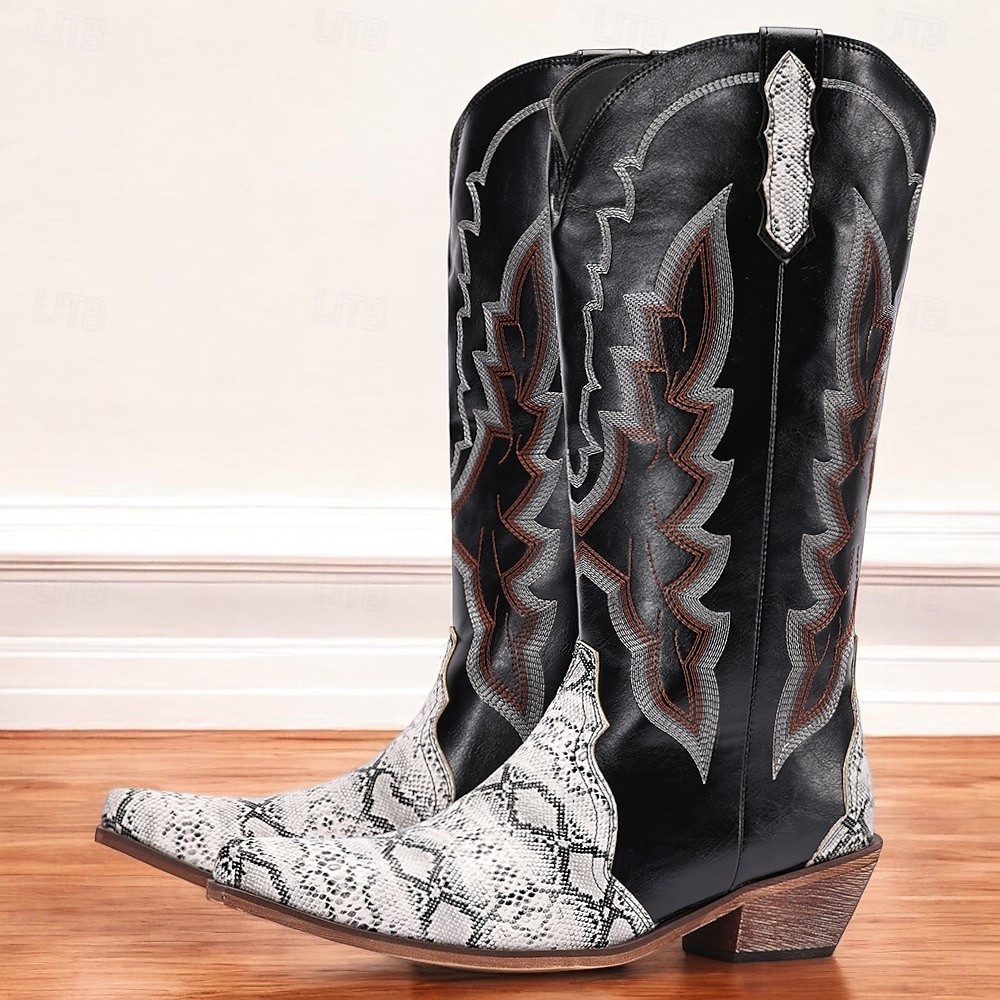 bottes de cowboy western pour hommes – similicuir noir avec accents d'imprimé serpent, détails brodés et talon bottier, parfaites pour le rodéo, les événements country et les tenues décontractées de 2025 ? $69.99 –P1