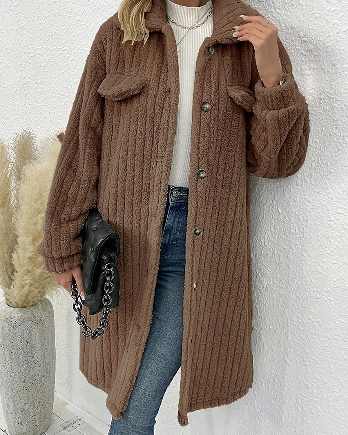 Dam Vinterkappa Fleece-jacka Teddyrock Håller värmen Andningsfunktion Ficka Mode Ledigt Slät Arbete Gata Enkelknäppt Lång Nedvikt Lös passning Långärmad Ytterkläder Brun Mörkgrå Beige Höst Vinter 2025 - $62.99 –P7