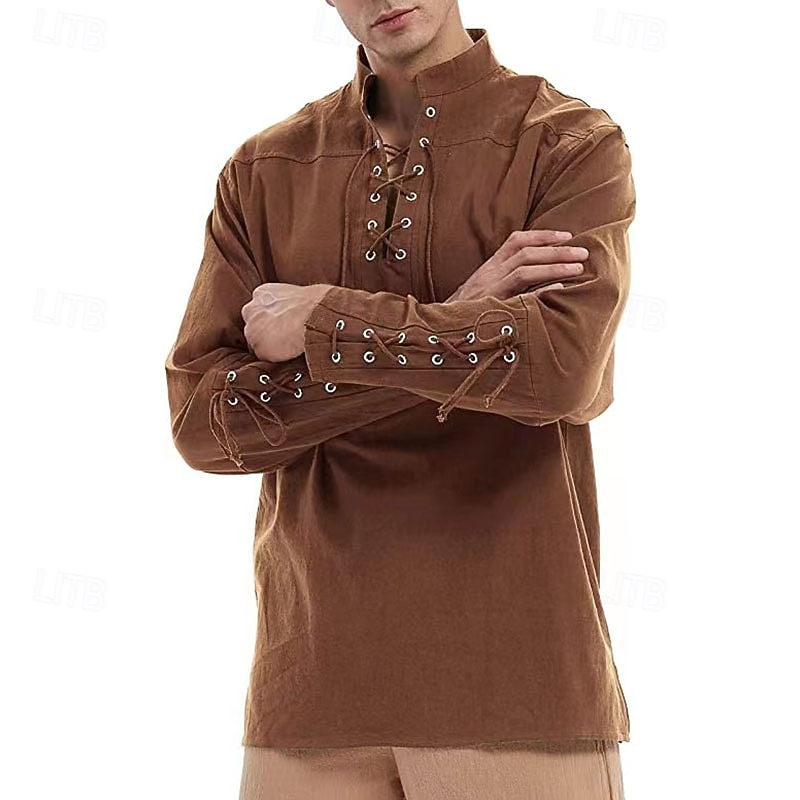 Men's Shirt Linen Shirt Popover Shirt Casual Shirt Cotton Shirt Plain Streetwear Vacation White Wine Navy Blue Brown Long Sleeve Stand Collar Spring &  Fall Clothing Apparel Lace up 2026 - $28.99 –P10