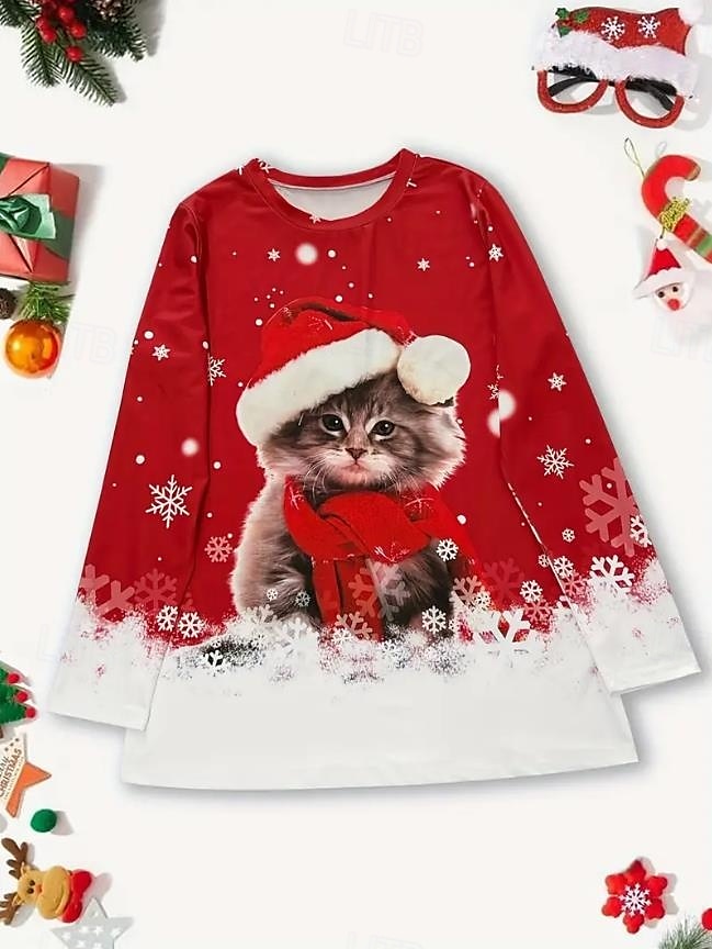 Damen Sweatshirt süßes Kätzchen Weihnachtsmannmütze Langarm Winter lässig festlich rot Grafik Rundhals Oberteil gemütlich bequem 2025 - $22.99 –P2