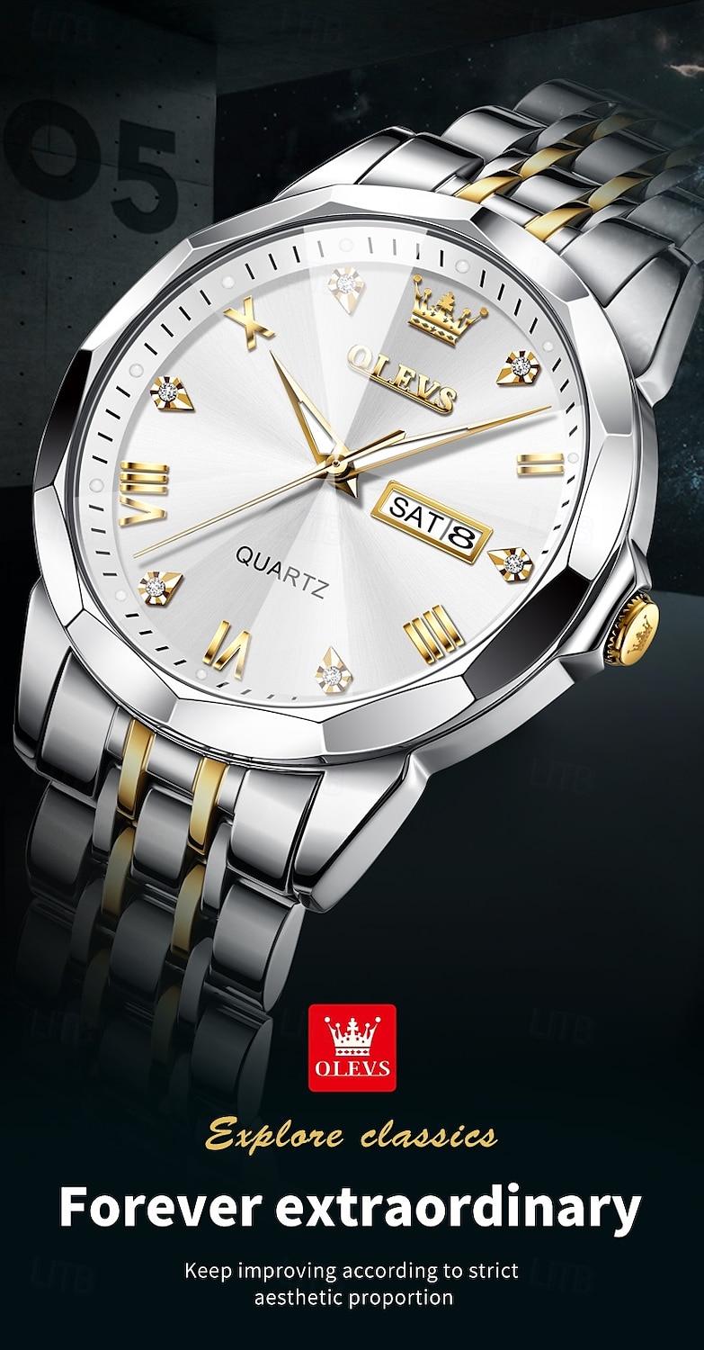 OLEVS Мужские кварцевые часы Минималистичные модные бизнес-наручные часы с подсветкой календарем датой неделя водонепроницаемые стальные часы 2026 - $35.99 –P1