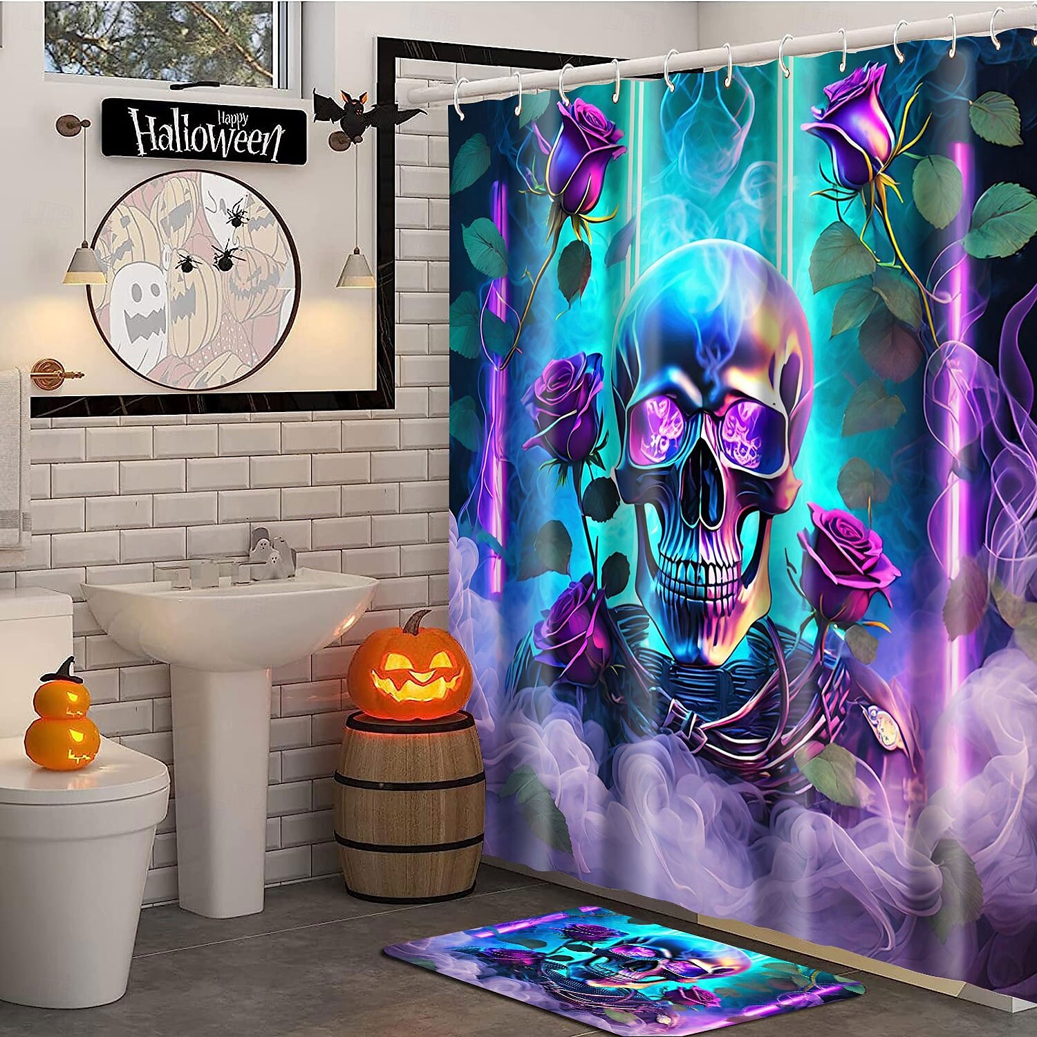 cortina de chuveiro de halloween com ganchos para banheiro cortina de chuveiro de caveira conjunto de decoração de banheiro poliéster à prova d'água pacote com 12 ganchos de plástico cabeças de de 2025 por $21.99 –P11