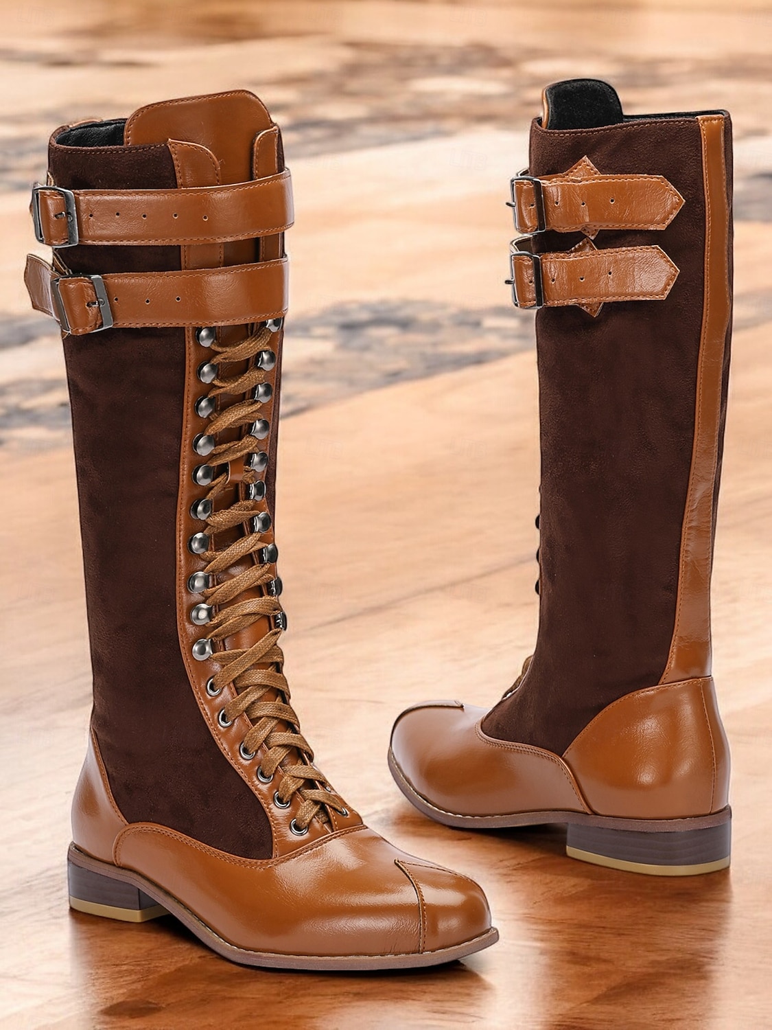 botas femininas de camurça sintética bordô e couro sintético preto com cadarço na altura do joelho – design de inspiração vintage com tiras de fivela dupla, perfeitas para uso casual e formal de 2025 por $64.99 –P5