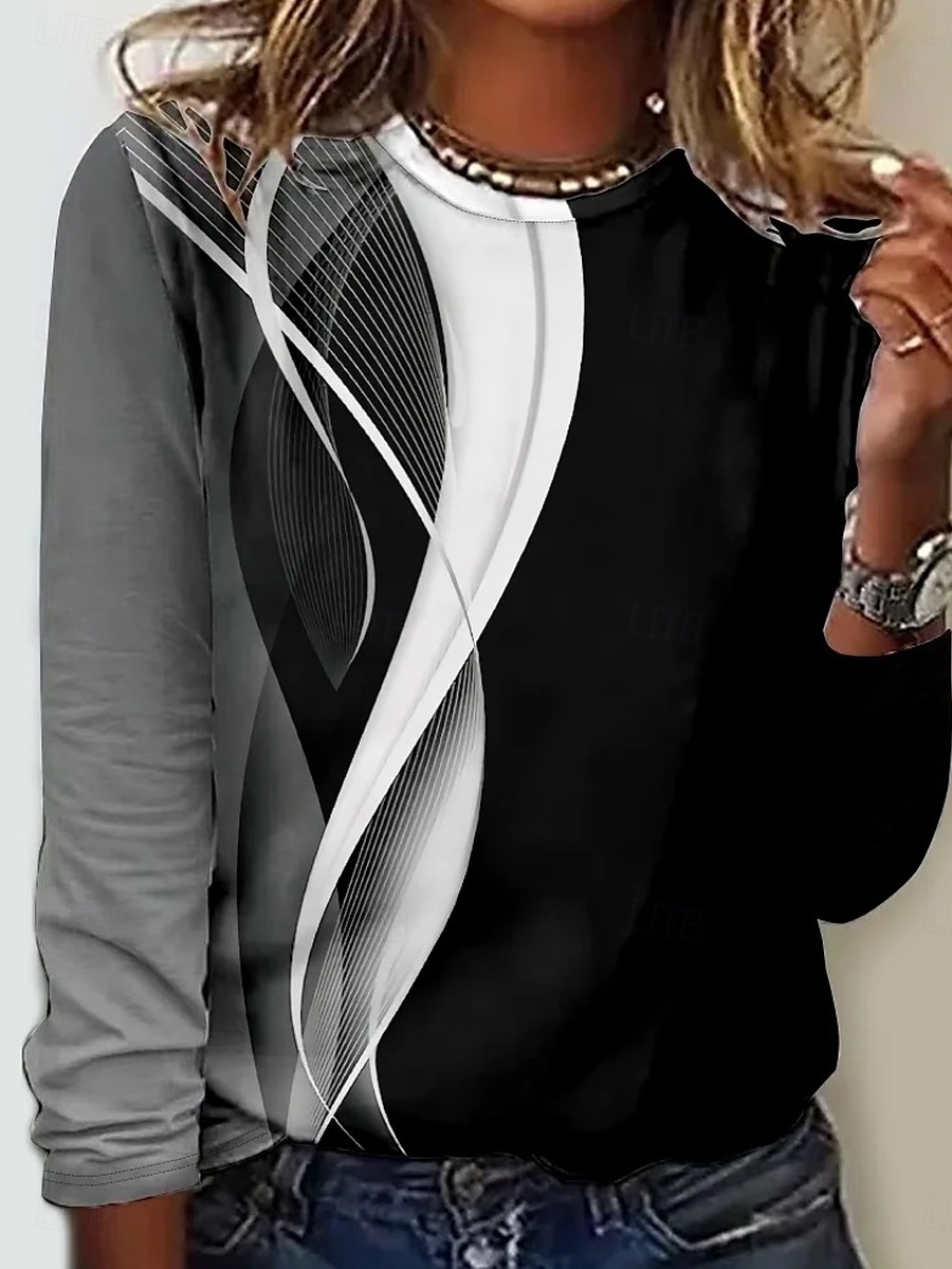  női tunika T póló divatos laza nyomott hosszú ujjú normál felsők crew neck napi fekete tavasz ősz 2025 - $22.99 –P1