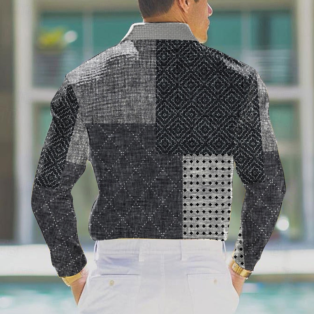 Voor heren Ruitjes Wafel Poloshirts Golfshirt Lange mouw Poloshirt Overhemden met kraag Vintage Casual Vakantiekleding Formele kleding Festivalkleding Knop 3D-afdrukken Lente Herfst Winter Zwart 2025 - $23.99 –P2