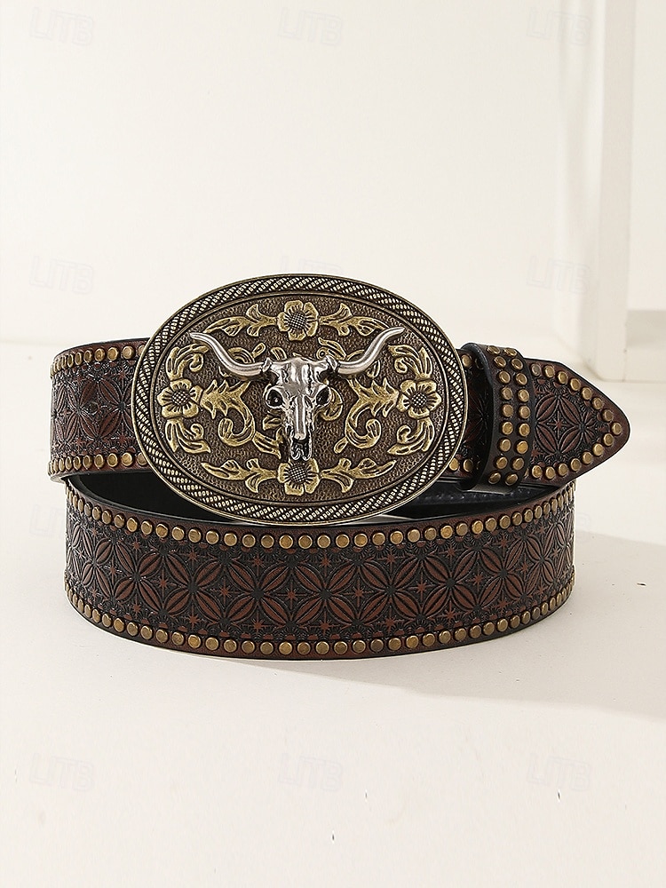 miesten länsimainen keinonahkavyö, jossa kaiverrettu kukkakuvio ja härkäkallosolki – vintage-tyylinen cowboy-vyö rodeoon ja vapaa-aikaan 2025 - $19.99 –P1