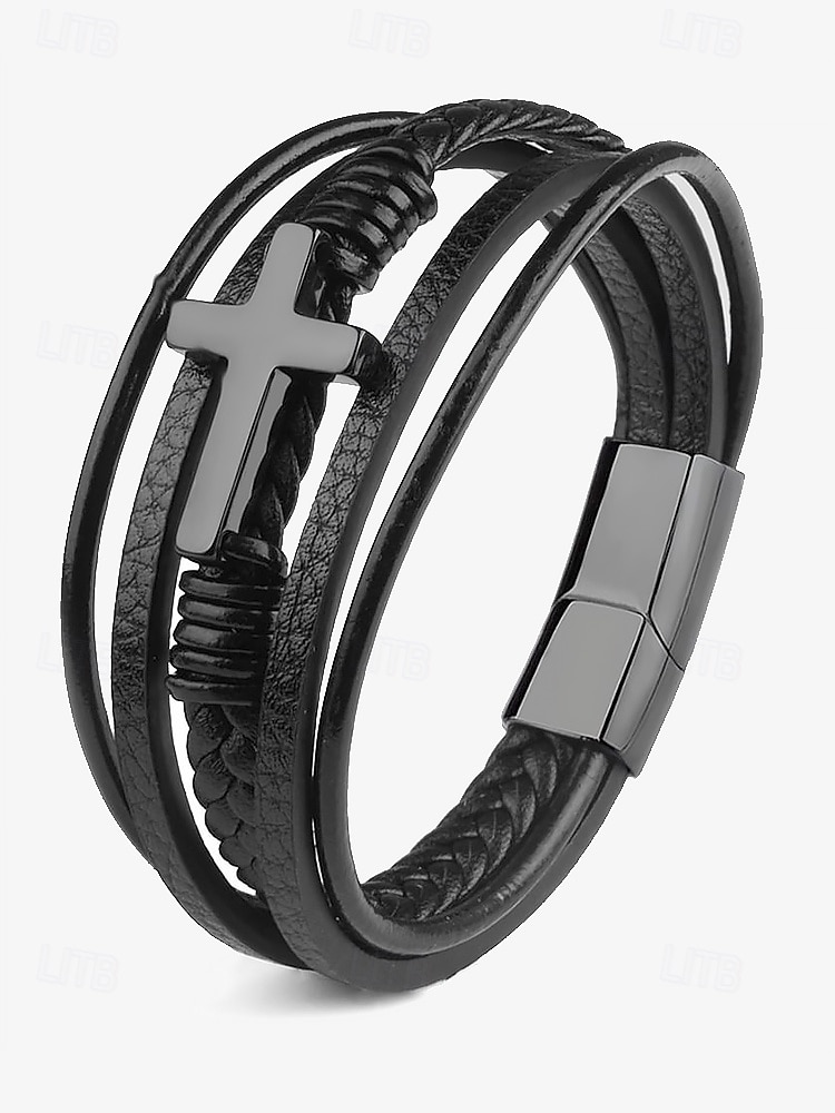 Schwarzes Lederarmband für Herren mit silbernem Kreuz – christliches religiöses Armband, verstellbarer Magnetverschluss 2025 - $11.99 –P7