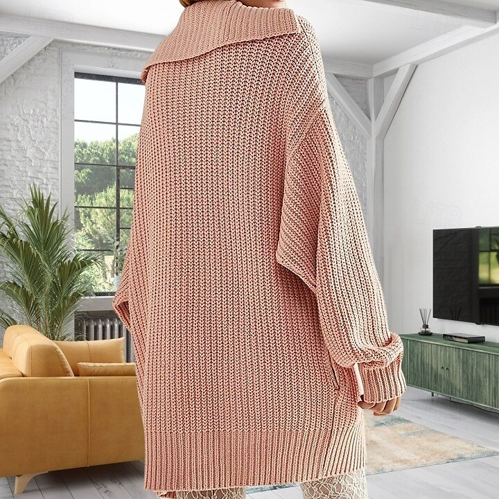 2025年 女性用 カーディガン オフィス ベーシック 純色 分厚い オープンフロント ニット 長袖 ロングトップス ニット ワーク ピンク カーキ色 秋 冬 コレクション – $41.99 –P3