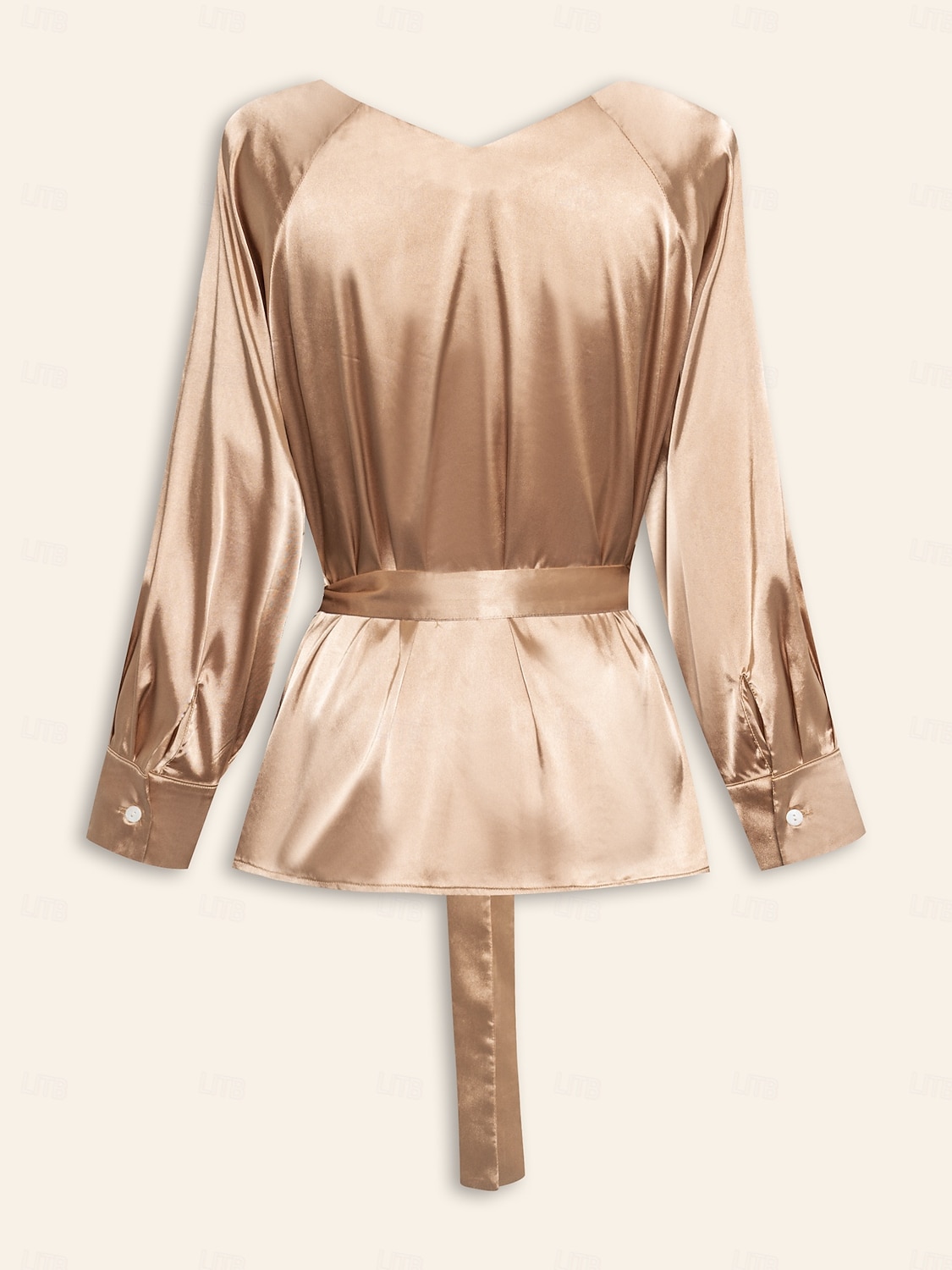 blusa elegante decote em v com cinto dourado de cetim de 2025 por $61.99 –P9