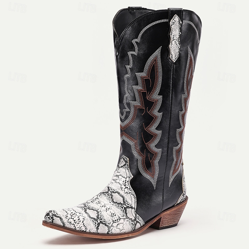 bottes de cowboy western pour hommes – similicuir noir avec accents d'imprimé serpent, détails brodés et talon bottier, parfaites pour le rodéo, les événements country et les tenues décontractées de 2025 ? $69.99 –P5